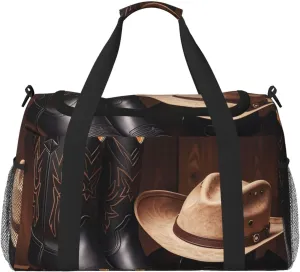 Cowboy Black Hat Western Boots Travel Duffel Bag Lightweight Waterproof Carry On Tote Bag Foldable Weekender Overnight Bags Sport Gym Bag For Women Men