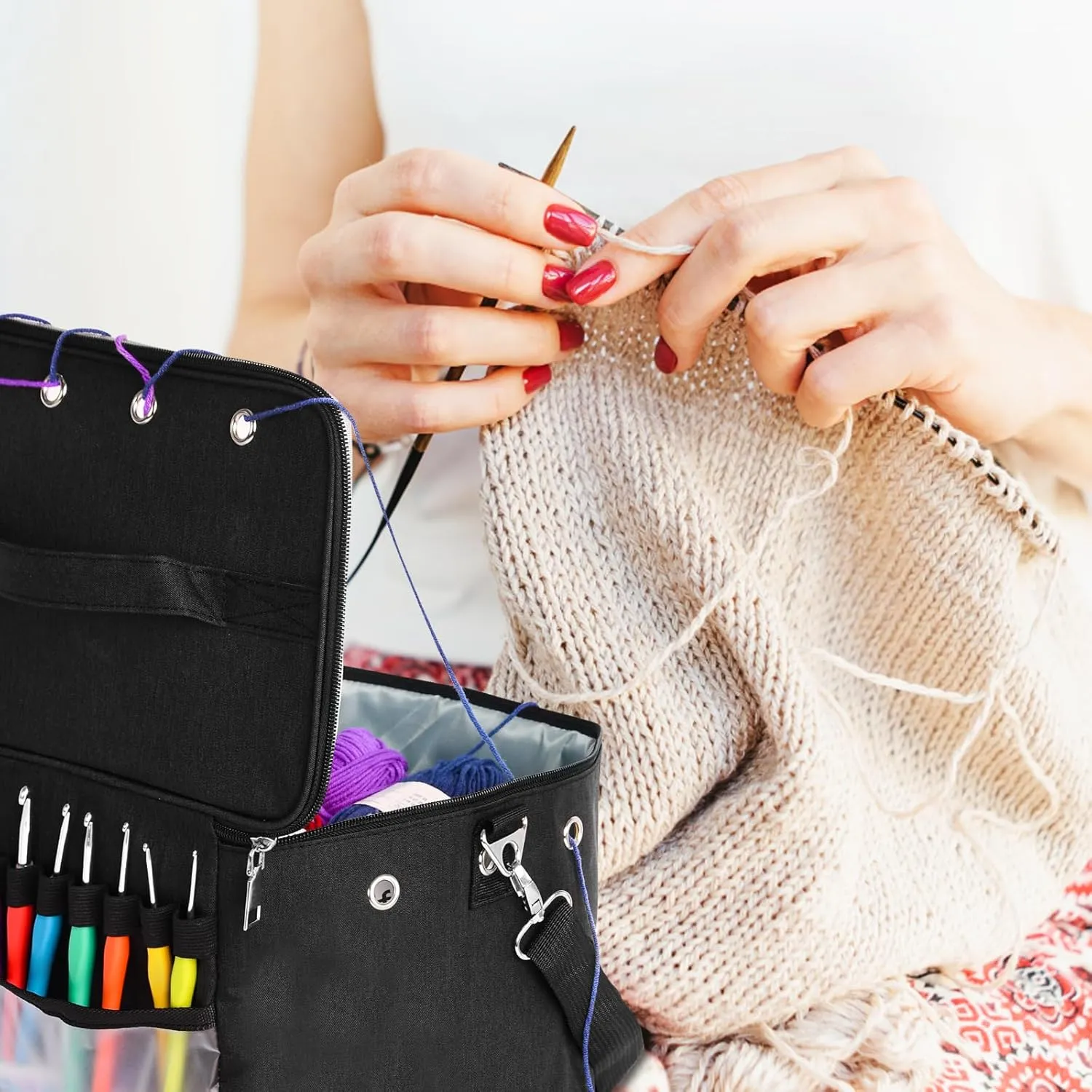 Crochet Bag, Yarn Holder Storage Organizer 13"inch Portable Breathable Travel Yarn Bag for Girls,Mother Gift for her(No Accessories Included), Black