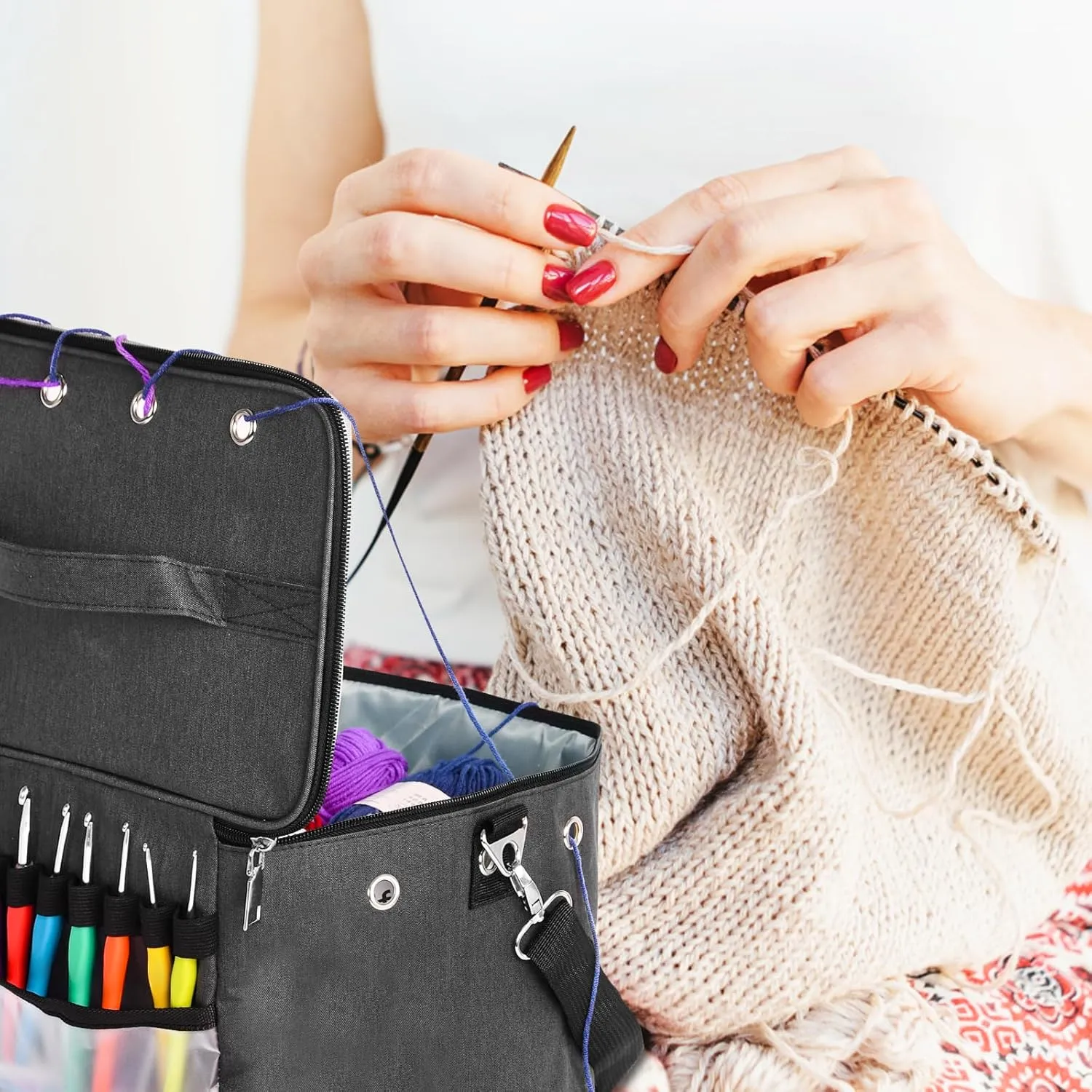 Crochet Yarn Knitting Bag, Yarn Holder Storage Organizer 13"inch Portable Breathable Travel Yarn Bag for Girls,Mother Gift for her(No Accessories Included), Grey