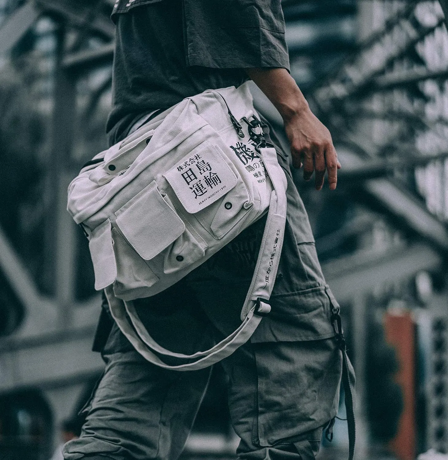 Crossbody Travel Bag Casual Shoulder Unisex Anti Theft Techwear Streetwear Messenger Bag (Beige)