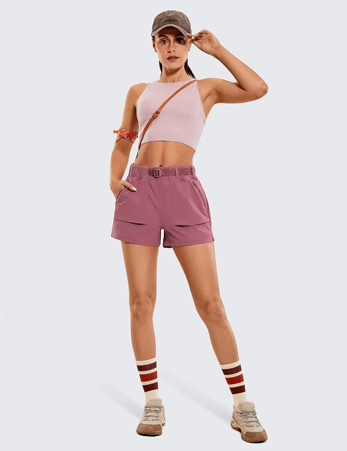 CRZ YOGA Women's Waterproof Stretch Hiking Shorts Mid Rise Summer for Outdoor Golf Workout with Zip Pockets Belt - 3''