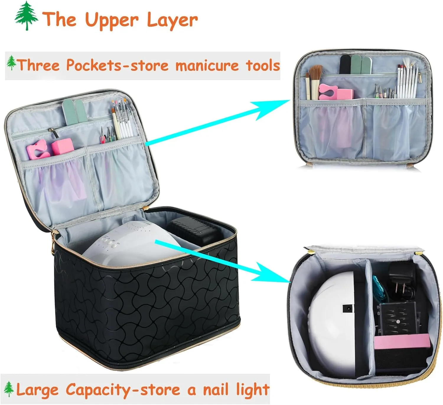 CTWWFS Nail Polish Organizer and Nail Lamp Case, Nail Kit Organizer Holds 30 Bottles (15ml - 0.5 fl.oz) and a Nail Lamp, Nail Polish Carrying Case with Manicure Tools Storage Sections (B-Black)