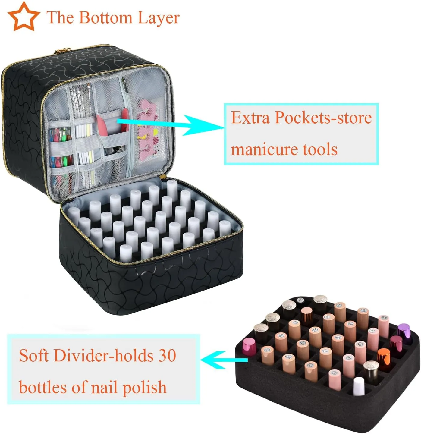 CTWWFS Nail Polish Organizer and Nail Lamp Case, Nail Kit Organizer Holds 30 Bottles (15ml - 0.5 fl.oz) and a Nail Lamp, Nail Polish Carrying Case with Manicure Tools Storage Sections (B-Black)