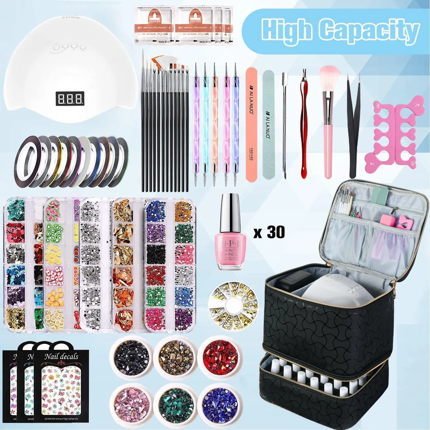 CTWWFS Nail Polish Organizer and Nail Lamp Case, Nail Kit Organizer Holds 30 Bottles (15ml - 0.5 fl.oz) and a Nail Lamp, Nail Polish Carrying Case with Manicure Tools Storage Sections (B-Black)