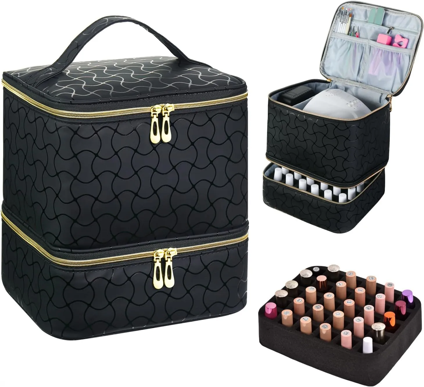 CTWWFS Nail Polish Organizer and Nail Lamp Case, Nail Kit Organizer Holds 30 Bottles (15ml - 0.5 fl.oz) and a Nail Lamp, Nail Polish Carrying Case with Manicure Tools Storage Sections (B-Black)