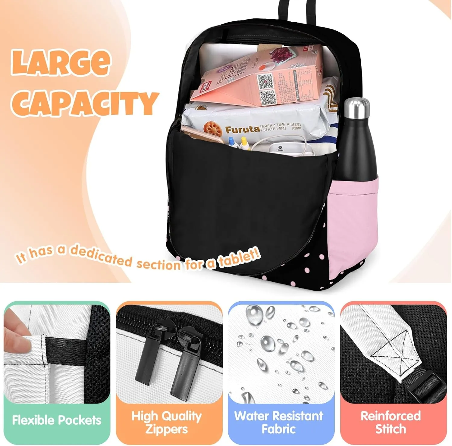 Custom Backpack for Girls, Lightweight Backpack Set with Lunch Bag and Pencil Case 3 pcs, Schoolbag for Elementary Junior High School Students 6-8 10-12 14-17, BlackPink-Ribbon