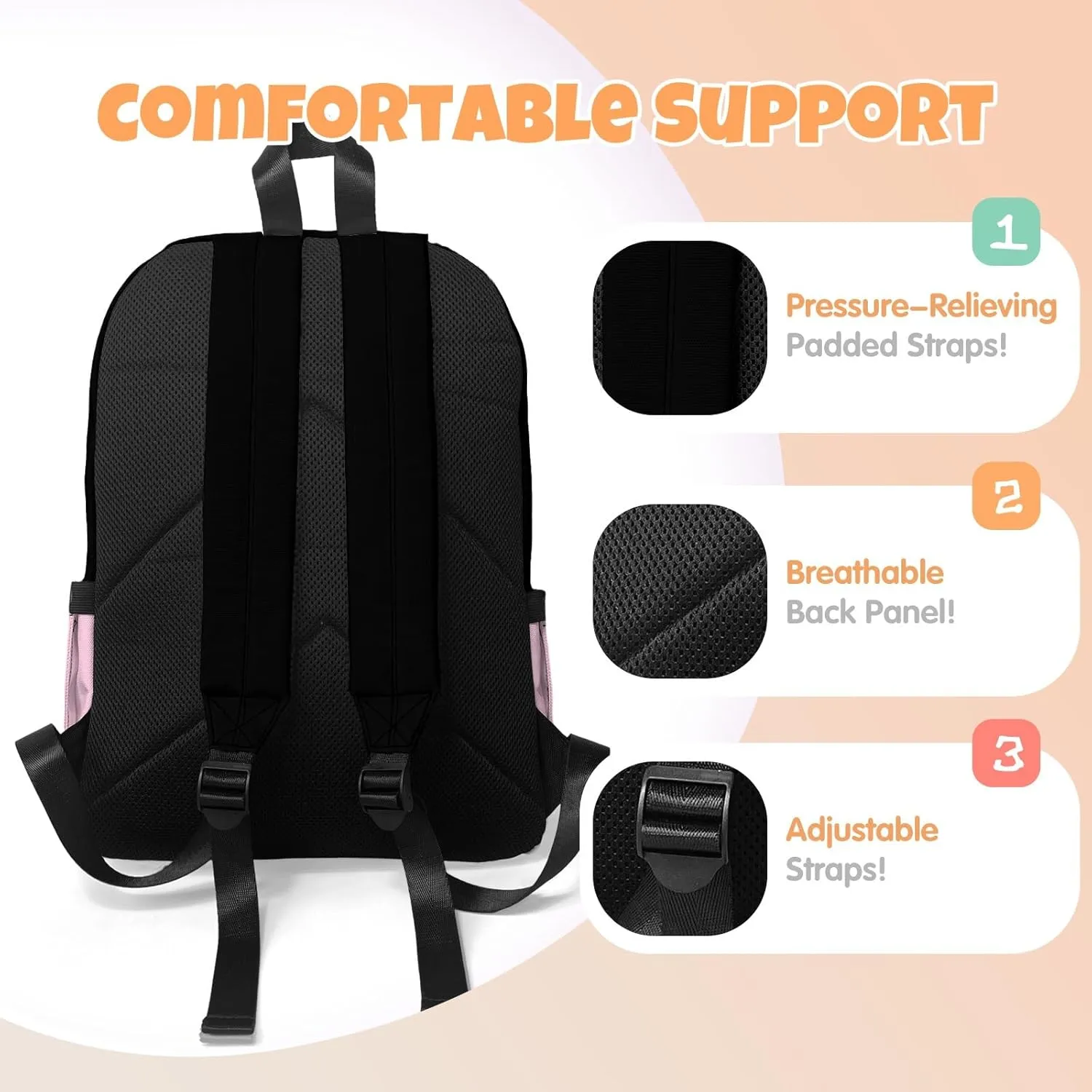 Custom Backpack for Girls, Lightweight Backpack Set with Lunch Bag and Pencil Case 3 pcs, Schoolbag for Elementary Junior High School Students 6-8 10-12 14-17, BlackPink-Ribbon