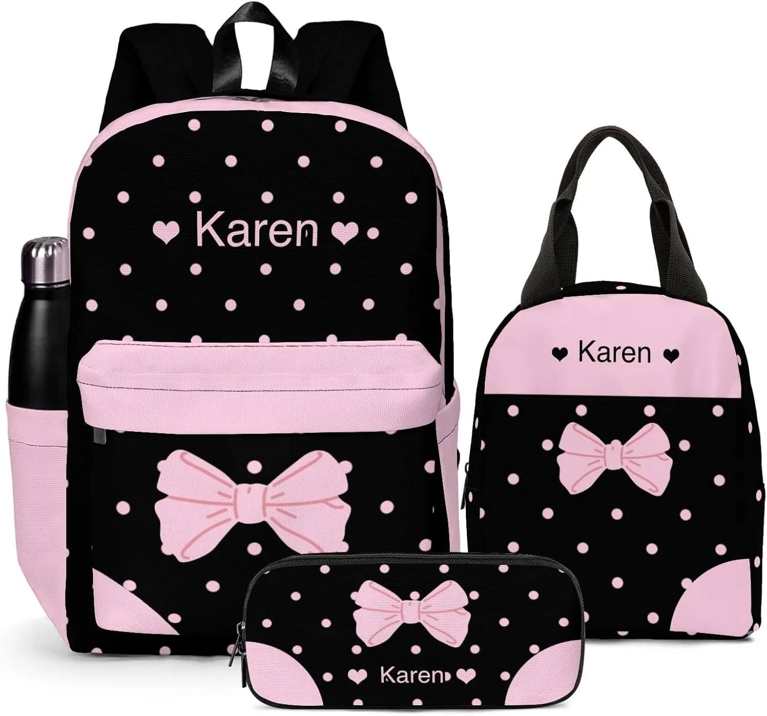 Custom Backpack for Girls, Lightweight Backpack Set with Lunch Bag and Pencil Case 3 pcs, Schoolbag for Elementary Junior High School Students 6-8 10-12 14-17, BlackPink-Ribbon
