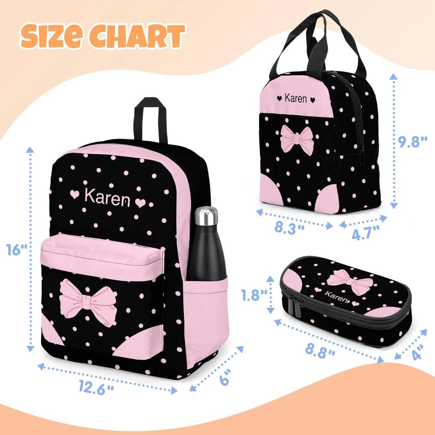 Custom Backpack for Girls, Lightweight Backpack Set with Lunch Bag and Pencil Case 3 pcs, Schoolbag for Elementary Junior High School Students 6-8 10-12 14-17, BlackPink-Ribbon