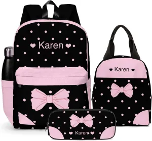 Custom Backpack for Girls, Lightweight Backpack Set with Lunch Bag and Pencil Case 3 pcs, Schoolbag for Elementary Junior High School Students 6-8 10-12 14-17, BlackPink-Ribbon