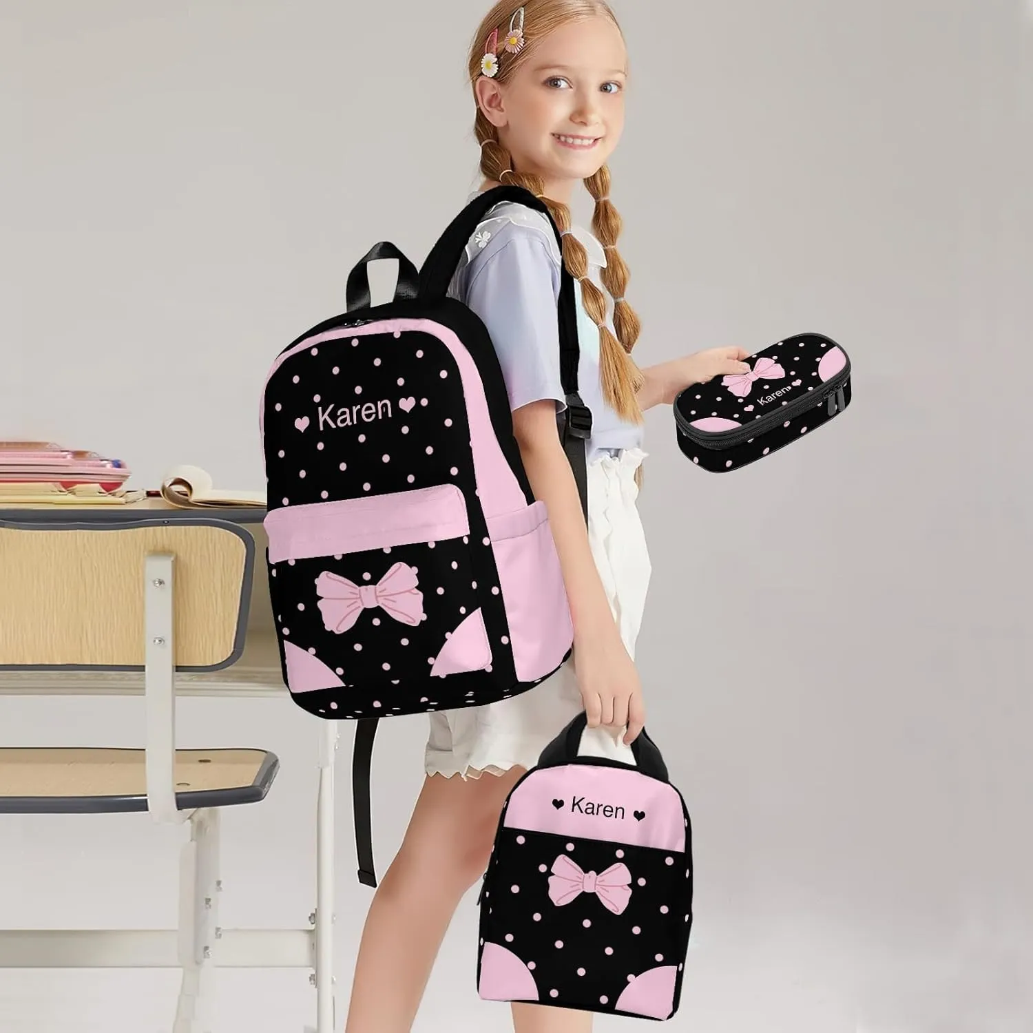 Custom Backpack for Girls, Lightweight Backpack Set with Lunch Bag and Pencil Case 3 pcs, Schoolbag for Elementary Junior High School Students 6-8 10-12 14-17, BlackPink-Ribbon