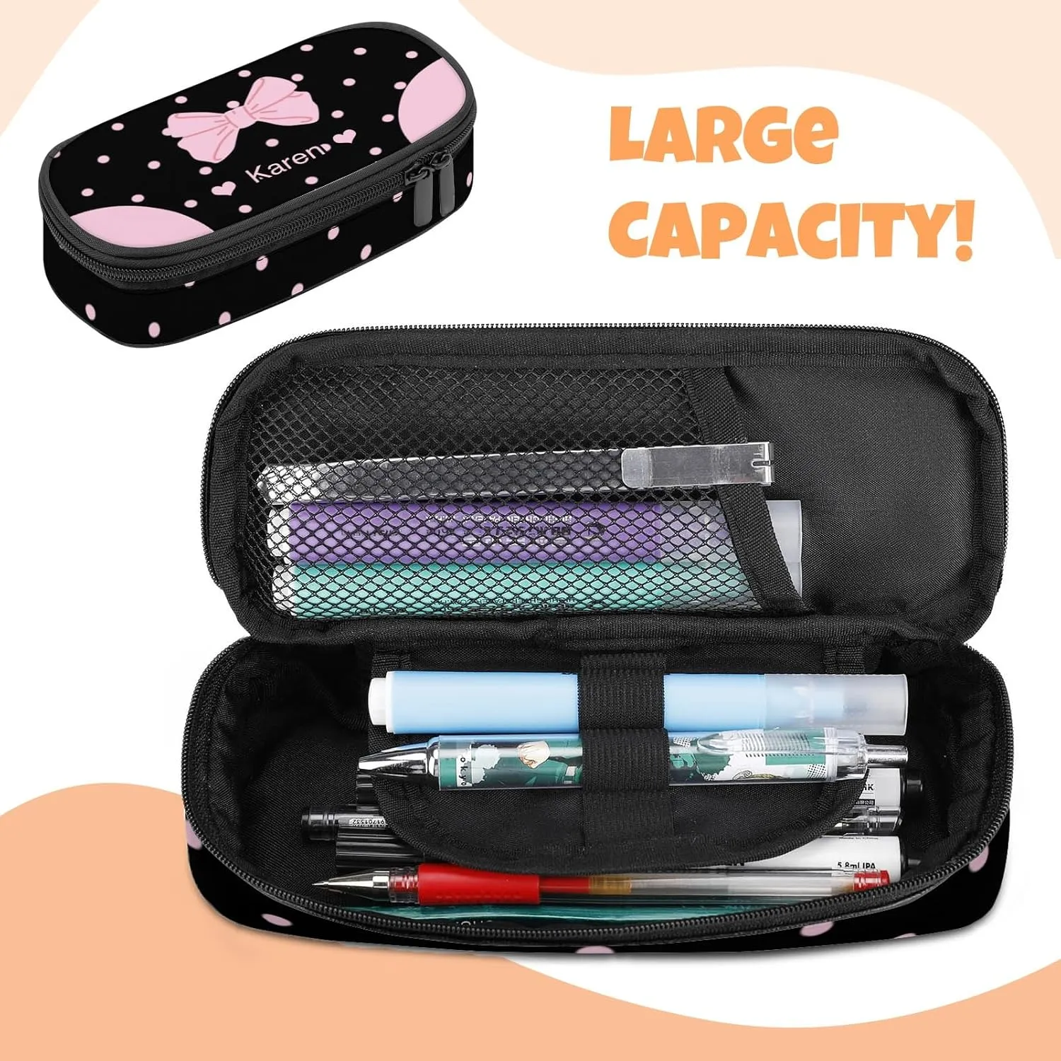Custom Backpack for Girls, Lightweight Backpack Set with Lunch Bag and Pencil Case 3 pcs, Schoolbag for Elementary Junior High School Students 6-8 10-12 14-17, BlackPink-Ribbon