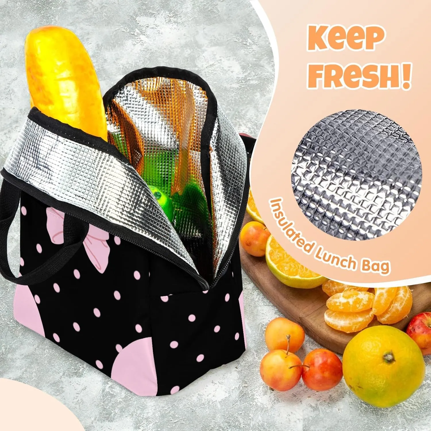 Custom Backpack for Girls, Lightweight Backpack Set with Lunch Bag and Pencil Case 3 pcs, Schoolbag for Elementary Junior High School Students 6-8 10-12 14-17, BlackPink-Ribbon