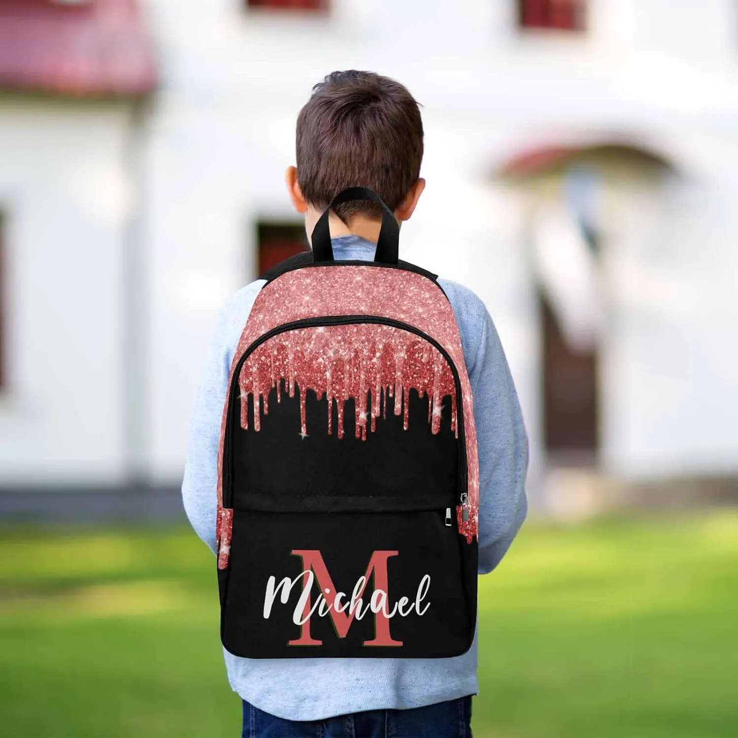 Custom Backpack or Lunch Bag with Name for Son, Custom Red Sparkle Glitter Drips Monogram School Bag Personalized Casual Daypacks Multipurpose Laptop Backpack Bookbag for Boys Girls Back School Gifts