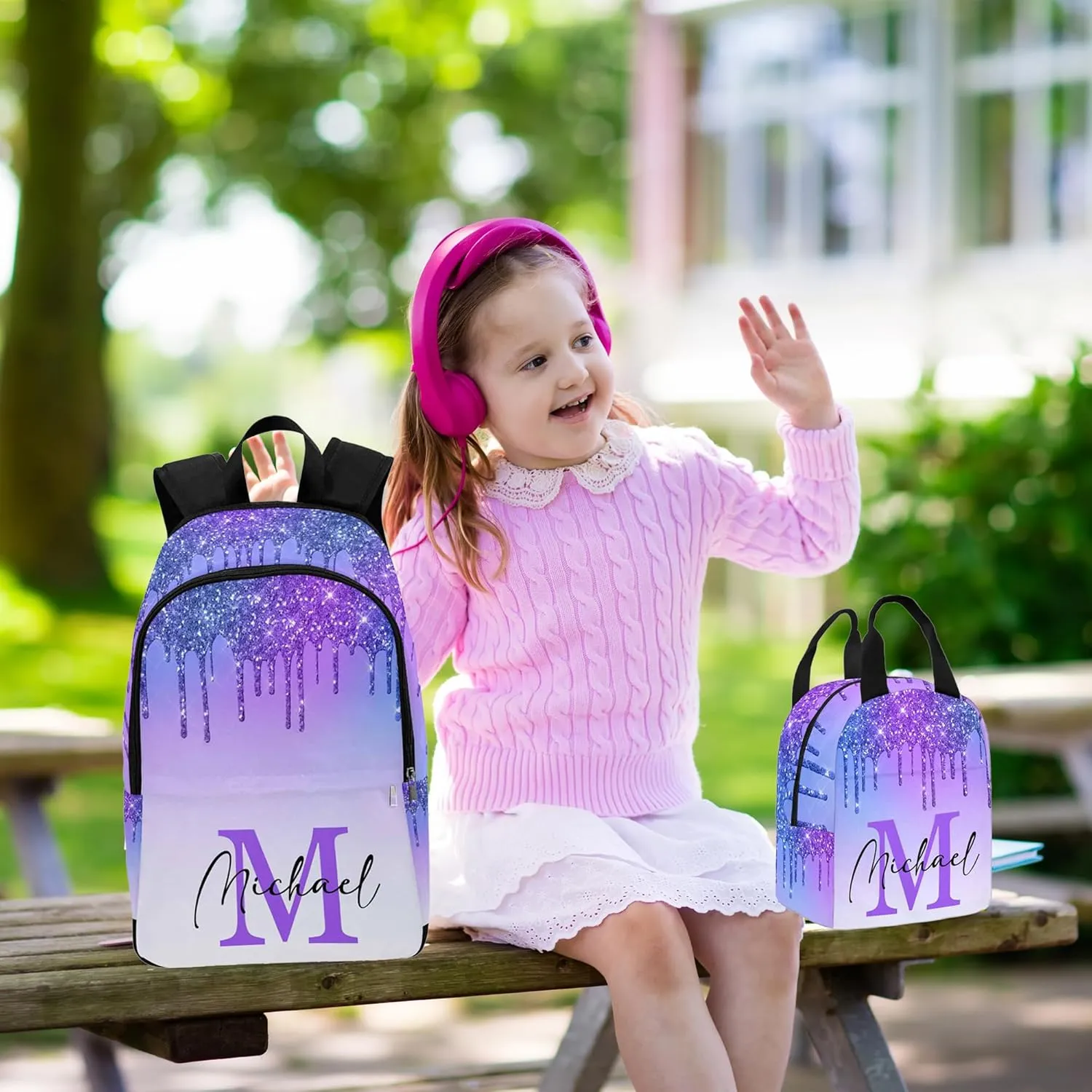 Custom Backpack or Lunch Bag with Name for Son, Custom Red Sparkle Glitter Drips Monogram School Bag Personalized Casual Daypacks Multipurpose Laptop Backpack Bookbag for Boys Girls Back School Gifts