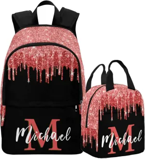 Custom Backpack or Lunch Bag with Name for Son, Custom Red Sparkle Glitter Drips Monogram School Bag Personalized Casual Daypacks Multipurpose Laptop Backpack Bookbag for Boys Girls Back School Gifts