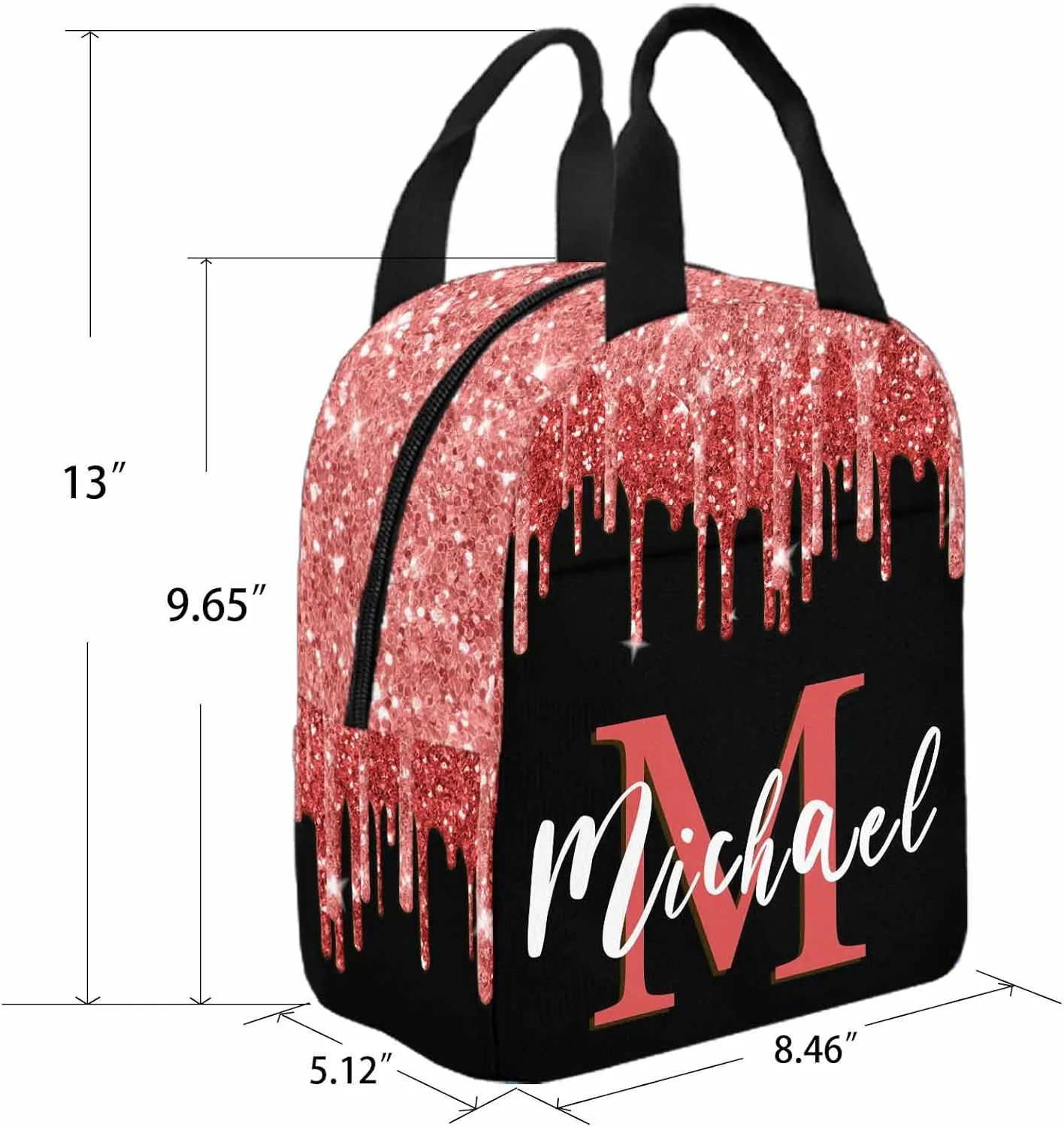 Custom Backpack or Lunch Bag with Name for Son, Custom Red Sparkle Glitter Drips Monogram School Bag Personalized Casual Daypacks Multipurpose Laptop Backpack Bookbag for Boys Girls Back School Gifts