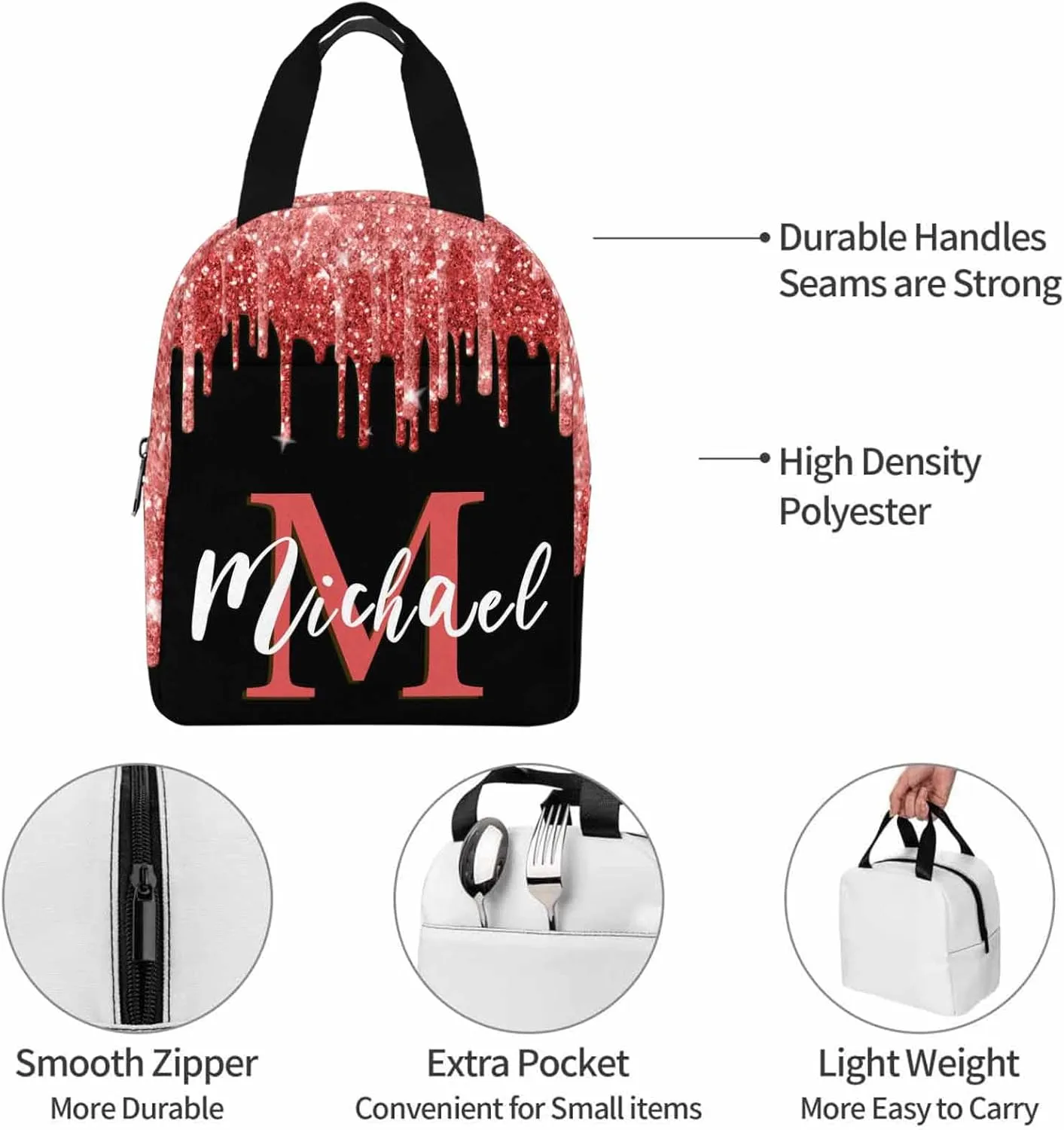 Custom Backpack or Lunch Bag with Name for Son, Custom Red Sparkle Glitter Drips Monogram School Bag Personalized Casual Daypacks Multipurpose Laptop Backpack Bookbag for Boys Girls Back School Gifts