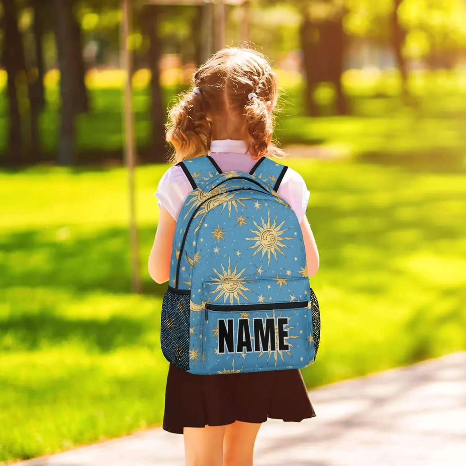 Custom Bohemian Moon Backpack with Name Personalized Waterproof Casual Daypack Stars Blue Golden Customize Laptop Backpacks for Women Men