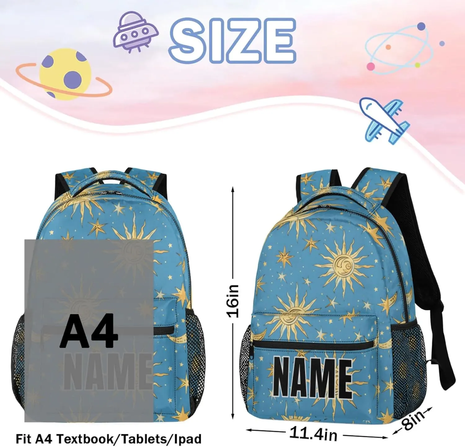 Custom Bohemian Moon Backpack with Name Personalized Waterproof Casual Daypack Stars Blue Golden Customize Laptop Backpacks for Women Men