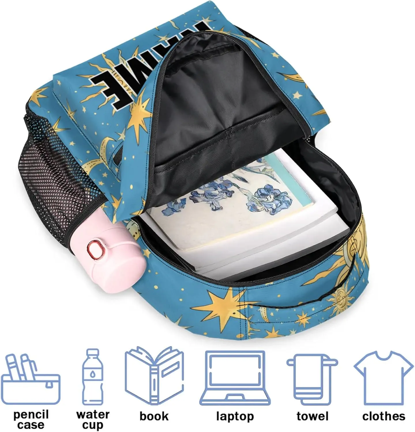 Custom Bohemian Moon Backpack with Name Personalized Waterproof Casual Daypack Stars Blue Golden Customize Laptop Backpacks for Women Men
