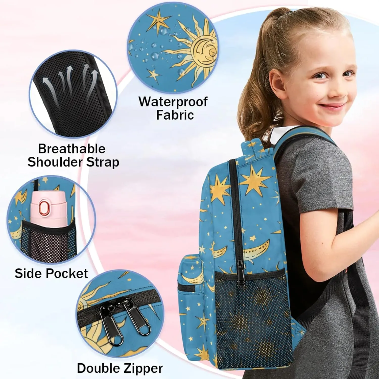 Custom Bohemian Moon Backpack with Name Personalized Waterproof Casual Daypack Stars Blue Golden Customize Laptop Backpacks for Women Men