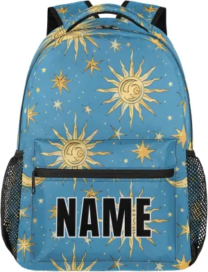 Custom Bohemian Moon Backpack with Name Personalized Waterproof Casual Daypack Stars Blue Golden Customize Laptop Backpacks for Women Men