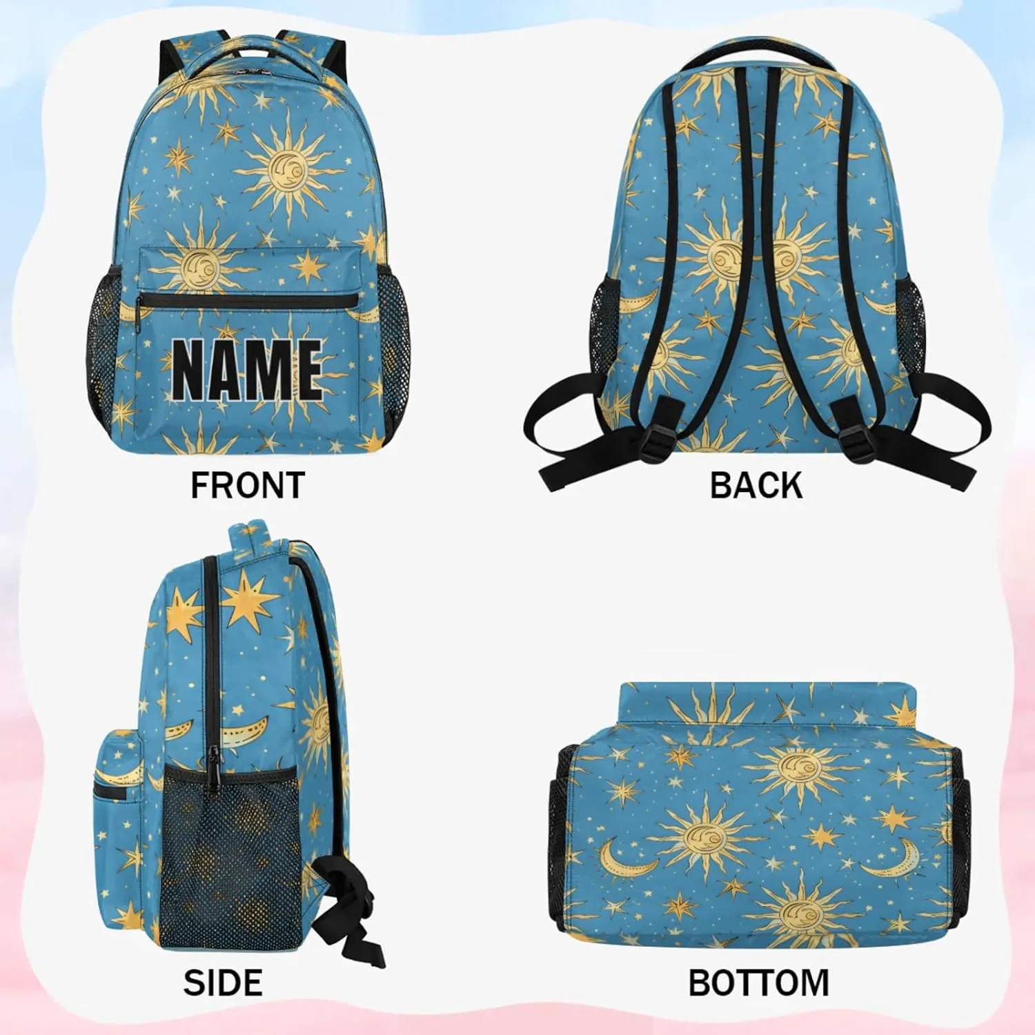 Custom Bohemian Moon Backpack with Name Personalized Waterproof Casual Daypack Stars Blue Golden Customize Laptop Backpacks for Women Men