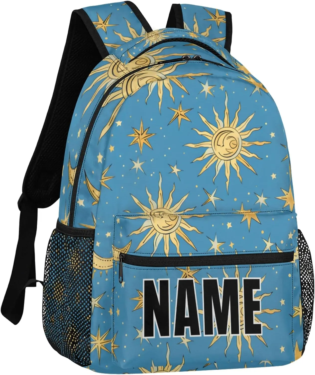 Custom Bohemian Moon Backpack with Name Personalized Waterproof Casual Daypack Stars Blue Golden Customize Laptop Backpacks for Women Men