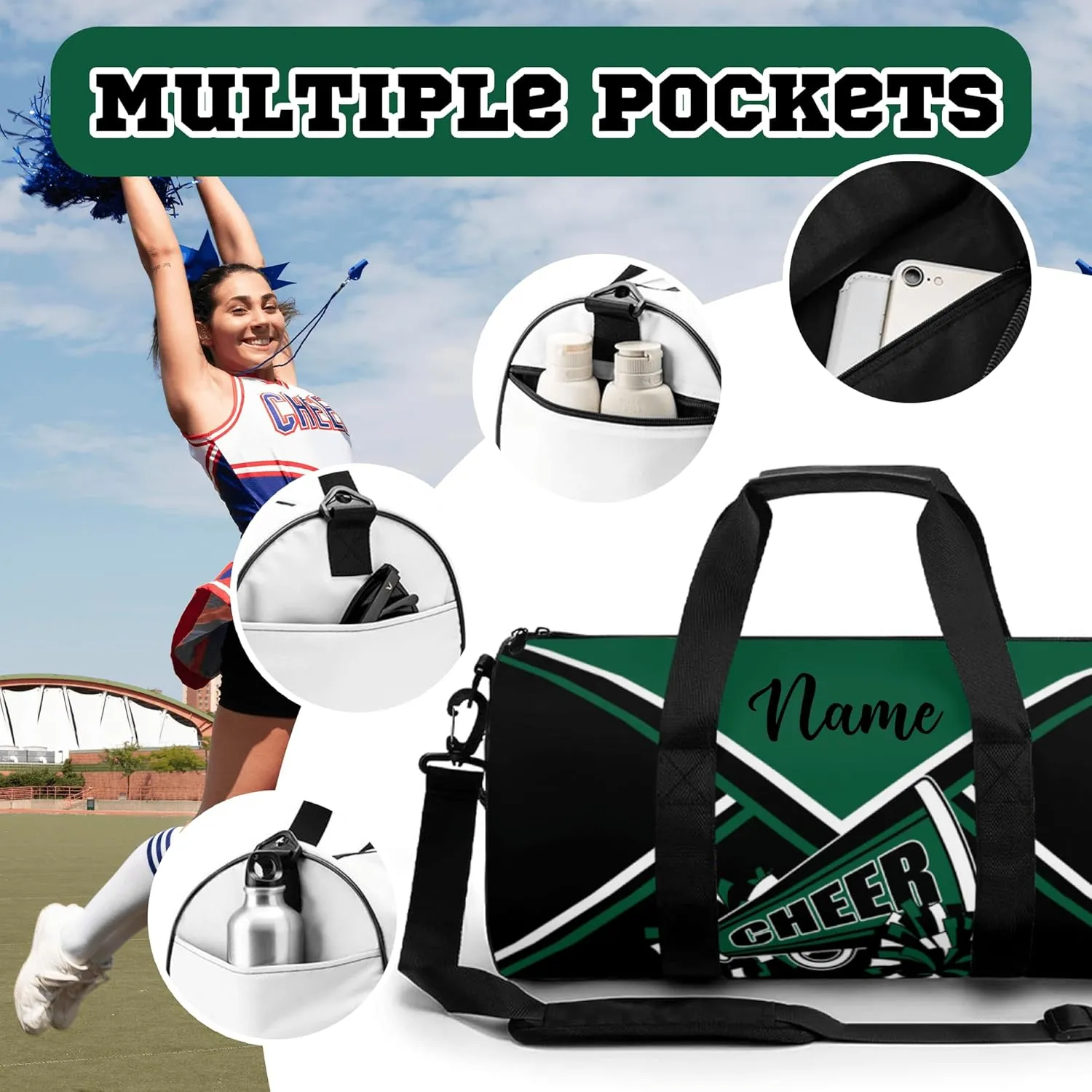 Custom Cheer Bags for Cheerleaders, Personalized Cheerleading Bag with Name Sports Duffle Bag Gym Travel Perform Training Bag (Dark green)
