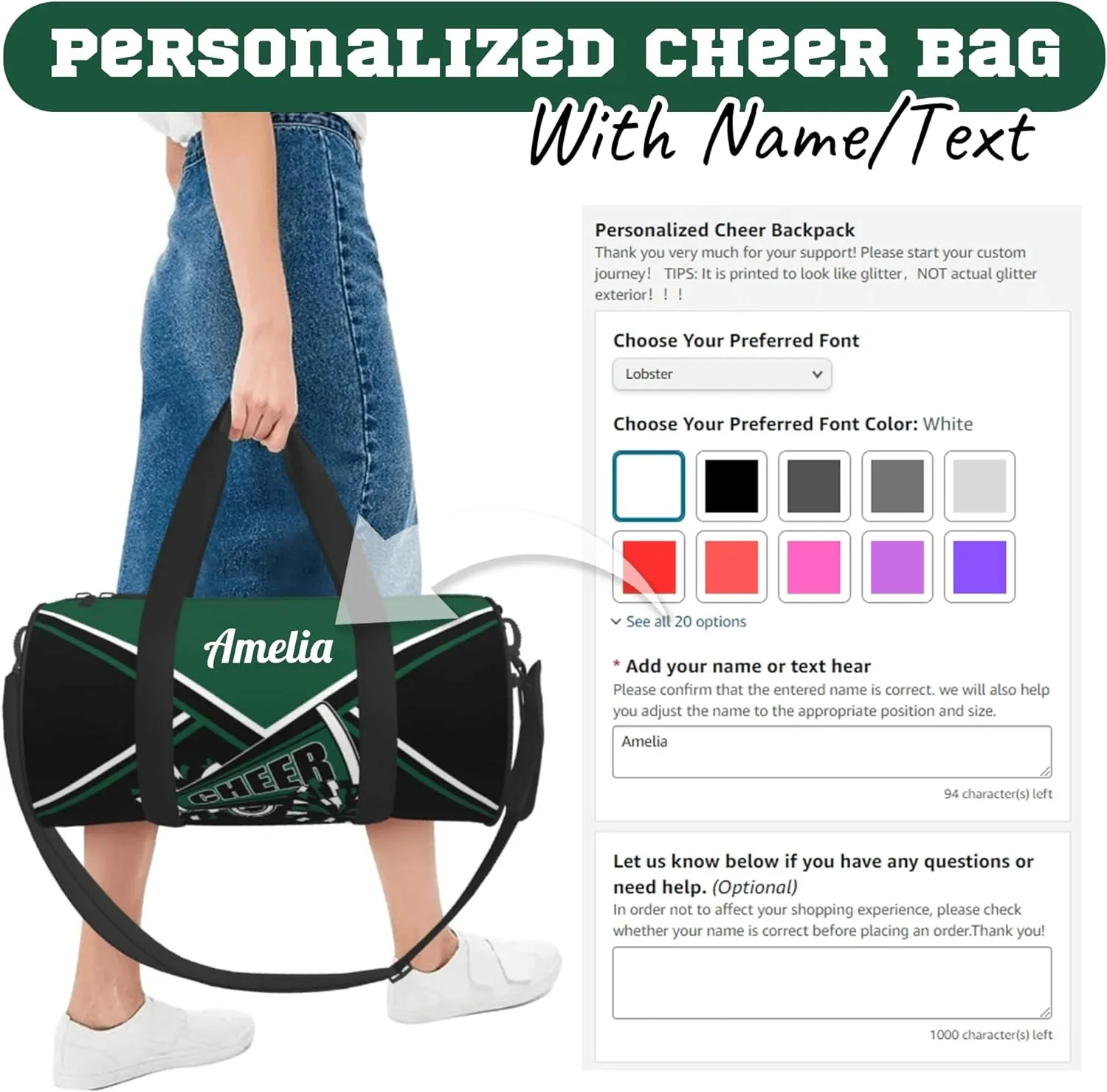Custom Cheer Bags for Cheerleaders, Personalized Cheerleading Bag with Name Sports Duffle Bag Gym Travel Perform Training Bag (Dark green)