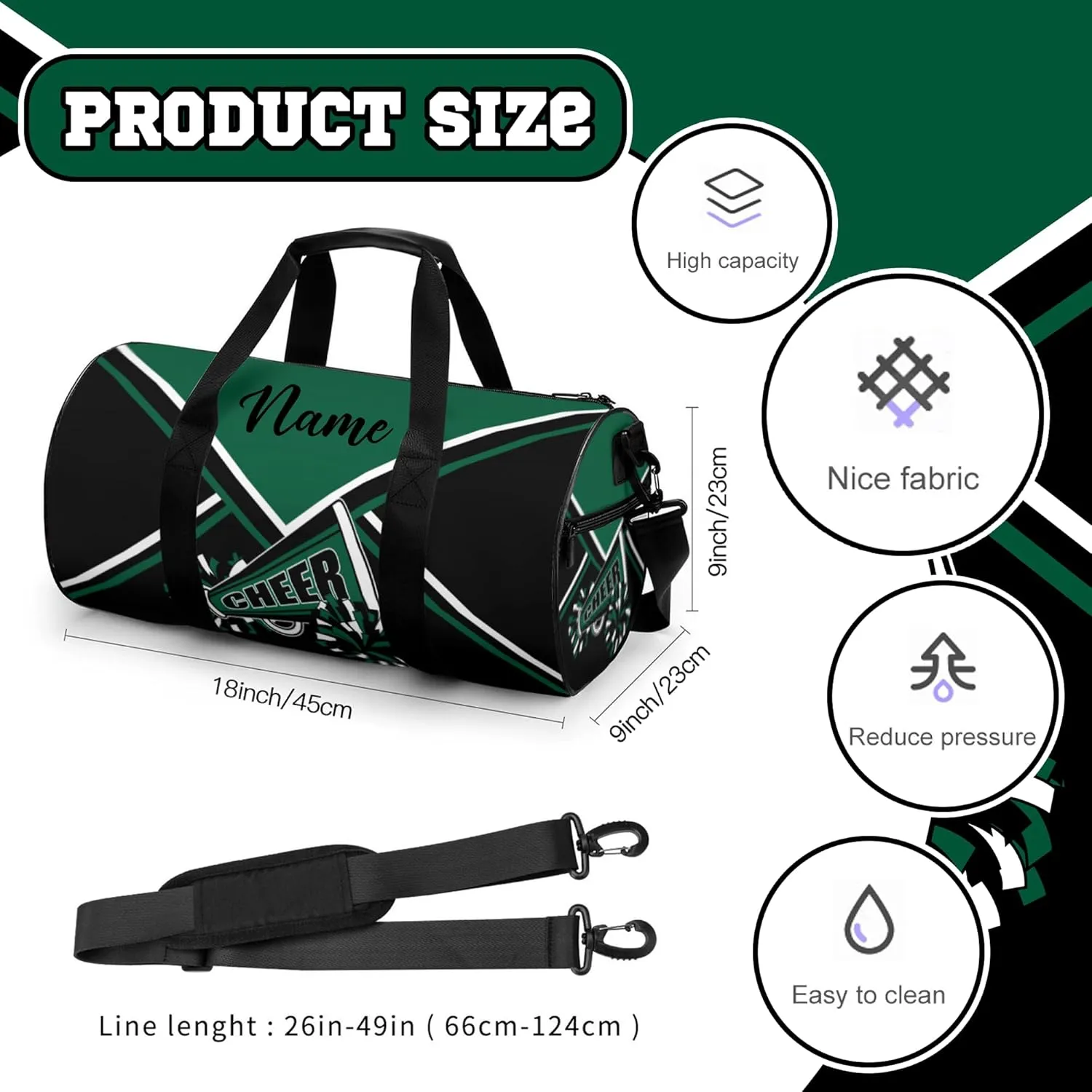 Custom Cheer Bags for Cheerleaders, Personalized Cheerleading Bag with Name Sports Duffle Bag Gym Travel Perform Training Bag (Dark green)