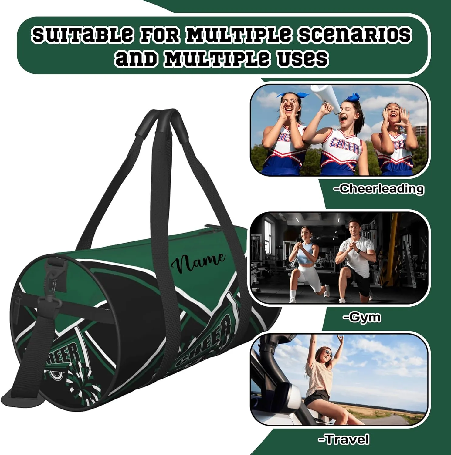 Custom Cheer Bags for Cheerleaders, Personalized Cheerleading Bag with Name Sports Duffle Bag Gym Travel Perform Training Bag (Dark green)