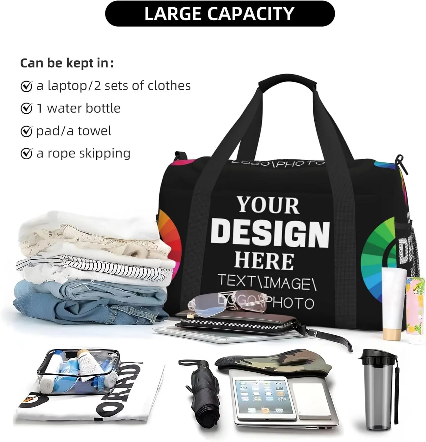 Custom Duffle Bag Personalized Travel Bag for Men Women, Customized Sport Gym Bag Weekend Camp Bag with Photo Text Logo