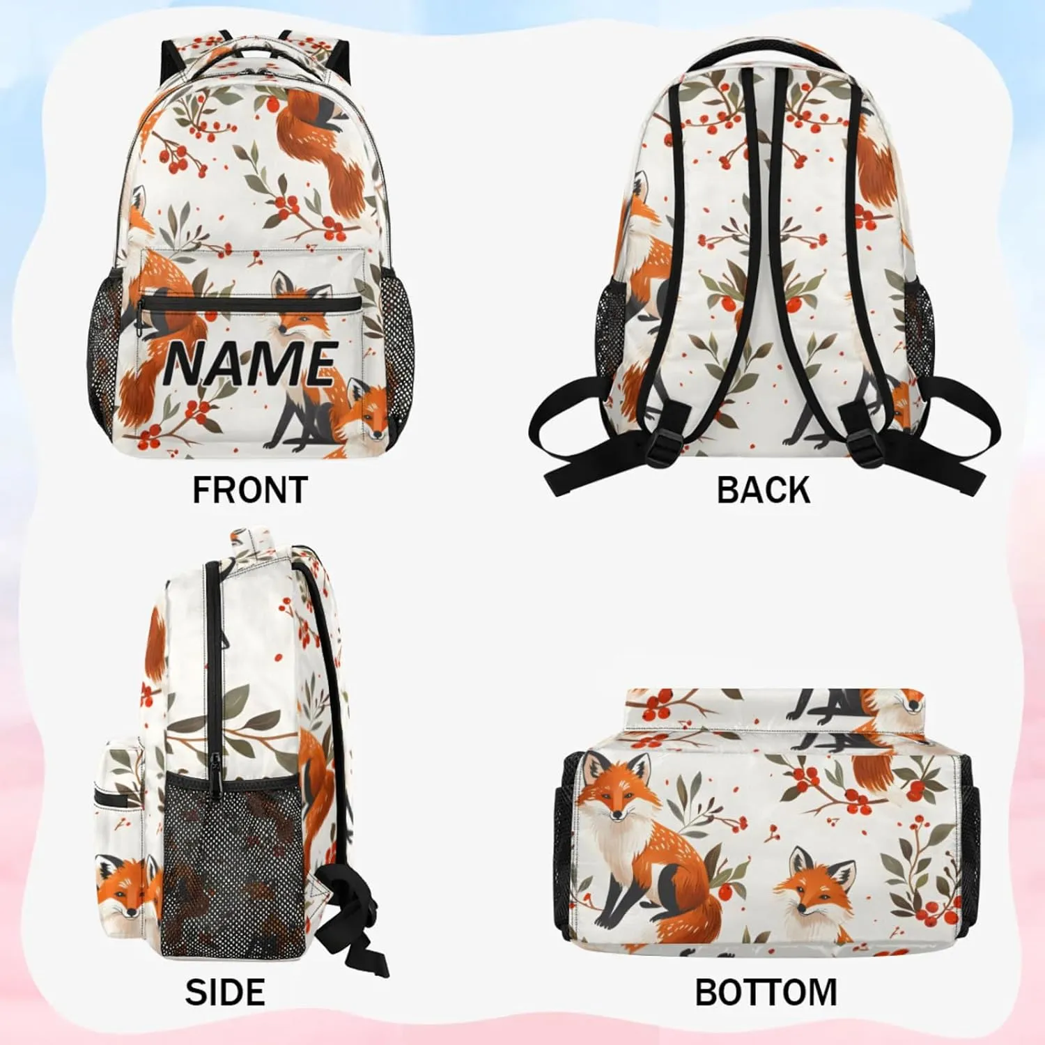 Custom Fox Backpack with Name Personalized Waterproof Casual Daypack Boho Flower Leaves Customize Laptop Backpacks for Women Men