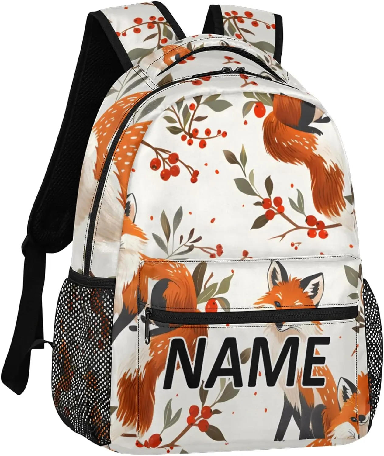 Custom Fox Backpack with Name Personalized Waterproof Casual Daypack Boho Flower Leaves Customize Laptop Backpacks for Women Men