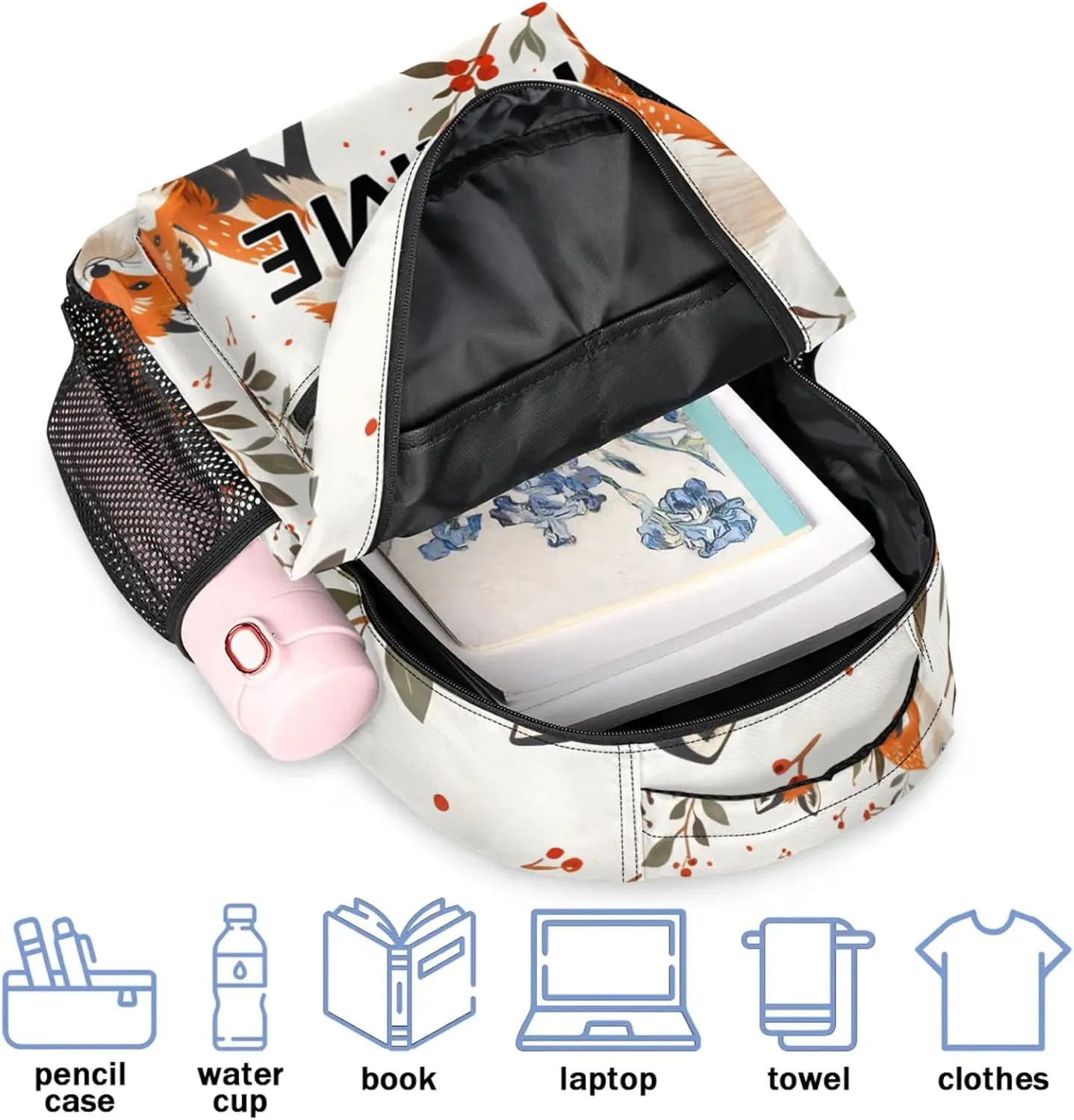 Custom Fox Backpack with Name Personalized Waterproof Casual Daypack Boho Flower Leaves Customize Laptop Backpacks for Women Men