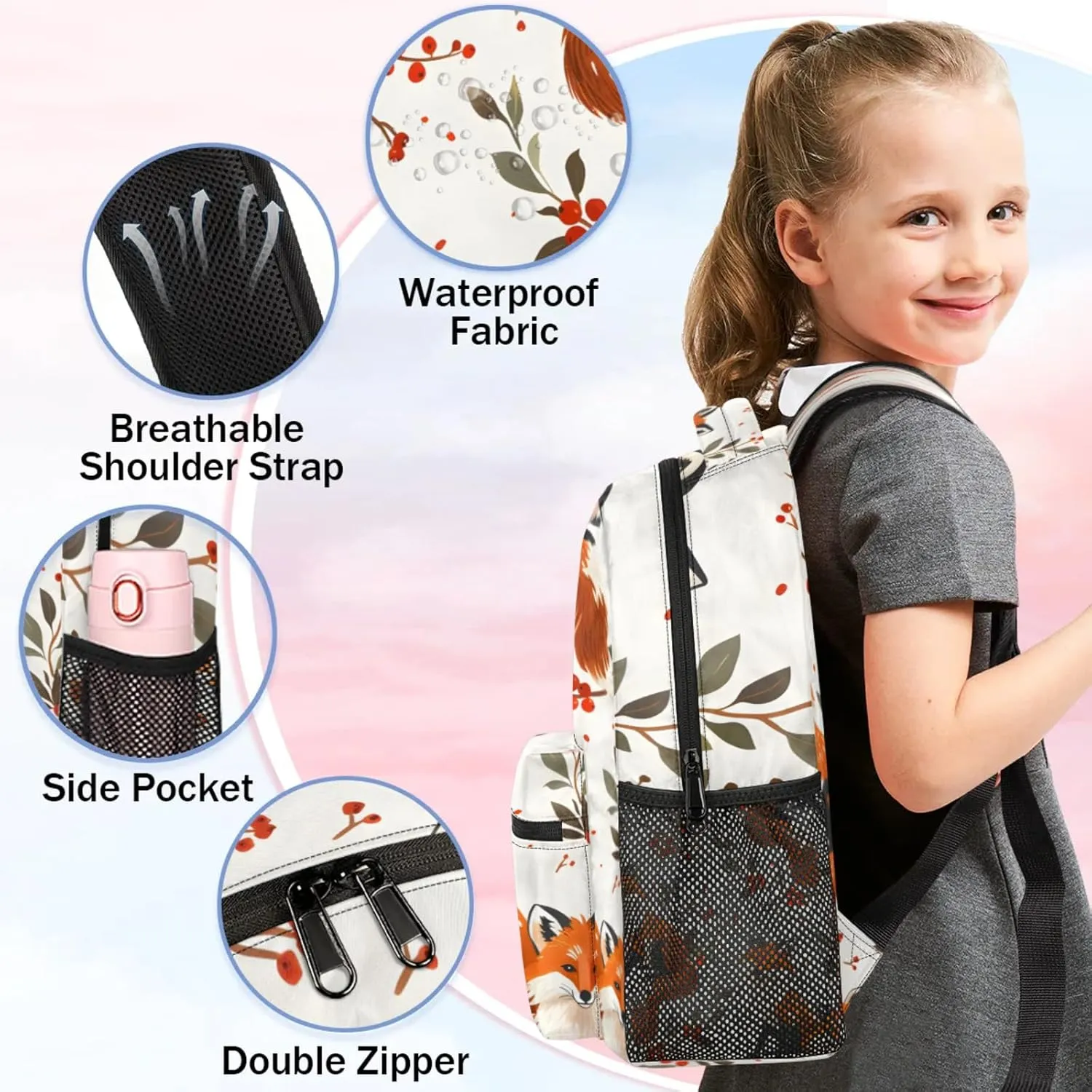 Custom Fox Backpack with Name Personalized Waterproof Casual Daypack Boho Flower Leaves Customize Laptop Backpacks for Women Men