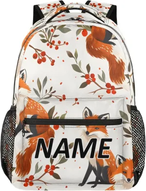 Custom Fox Backpack with Name Personalized Waterproof Casual Daypack Boho Flower Leaves Customize Laptop Backpacks for Women Men