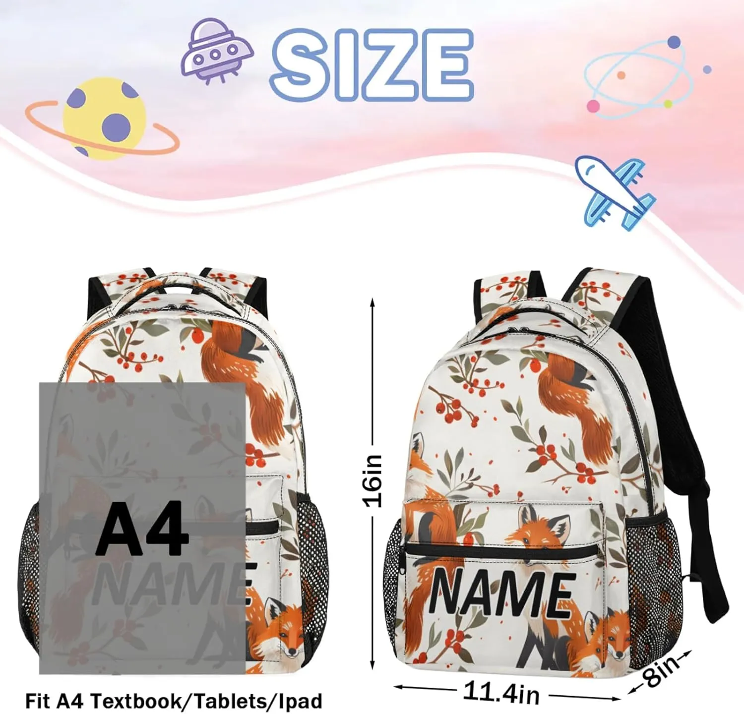 Custom Fox Backpack with Name Personalized Waterproof Casual Daypack Boho Flower Leaves Customize Laptop Backpacks for Women Men