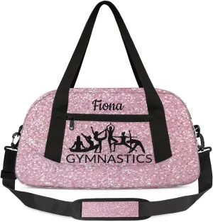 Custom Kids Sports Duffel Bag Light Pink Glitter Sparkling Gymnastics Personalized Dance Gym Bag for Boys Girls Lightweight Weekender Travel Duffle Cheer Bag