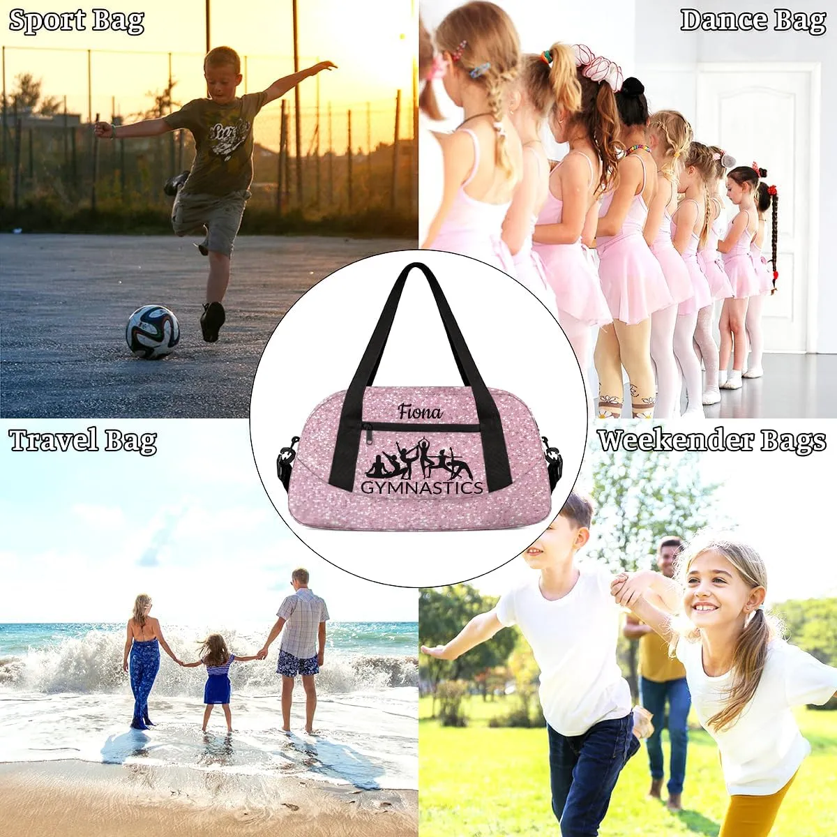 Custom Kids Sports Duffel Bag Light Pink Glitter Sparkling Gymnastics Personalized Dance Gym Bag for Boys Girls Lightweight Weekender Travel Duffle Cheer Bag