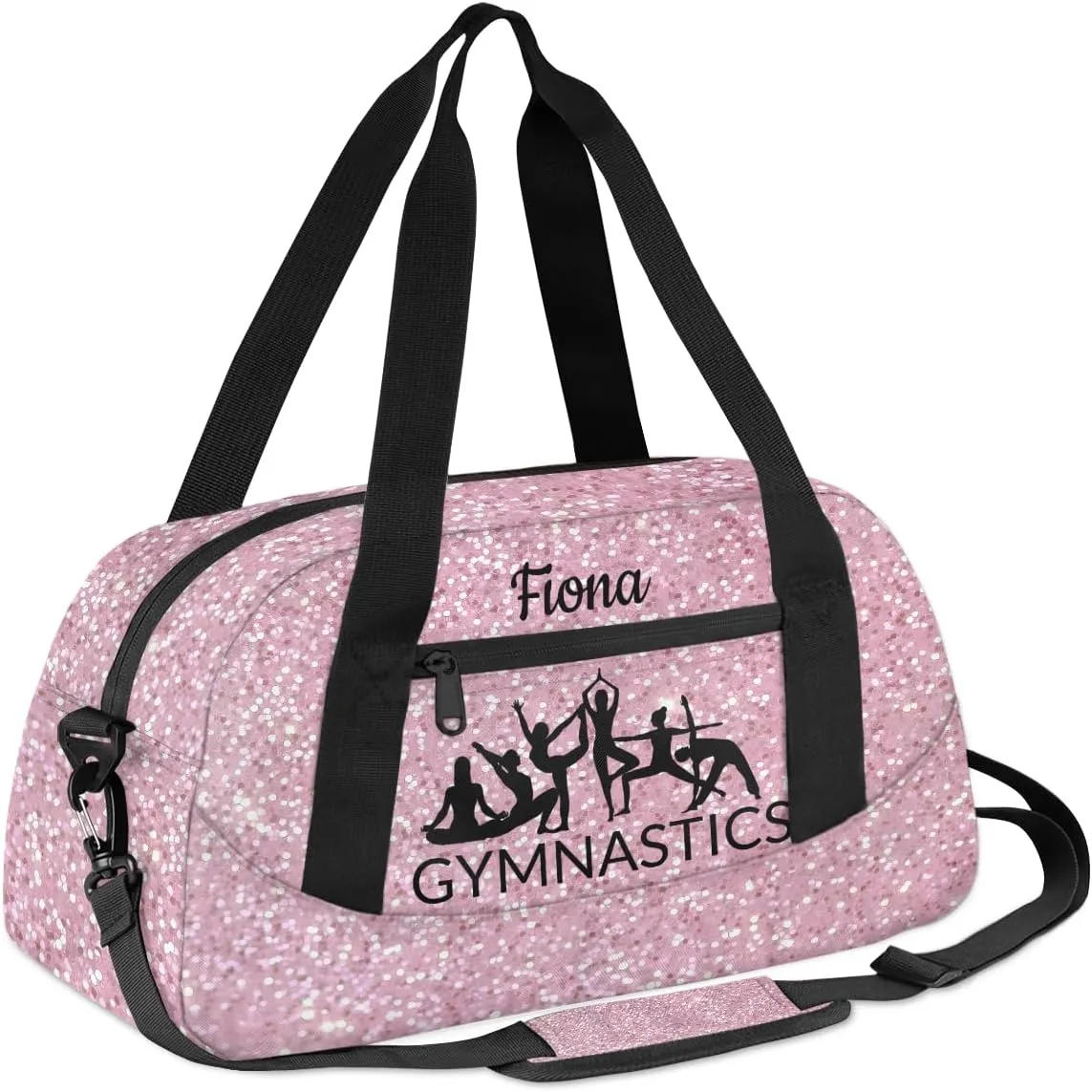 Custom Kids Sports Duffel Bag Light Pink Glitter Sparkling Gymnastics Personalized Dance Gym Bag for Boys Girls Lightweight Weekender Travel Duffle Cheer Bag