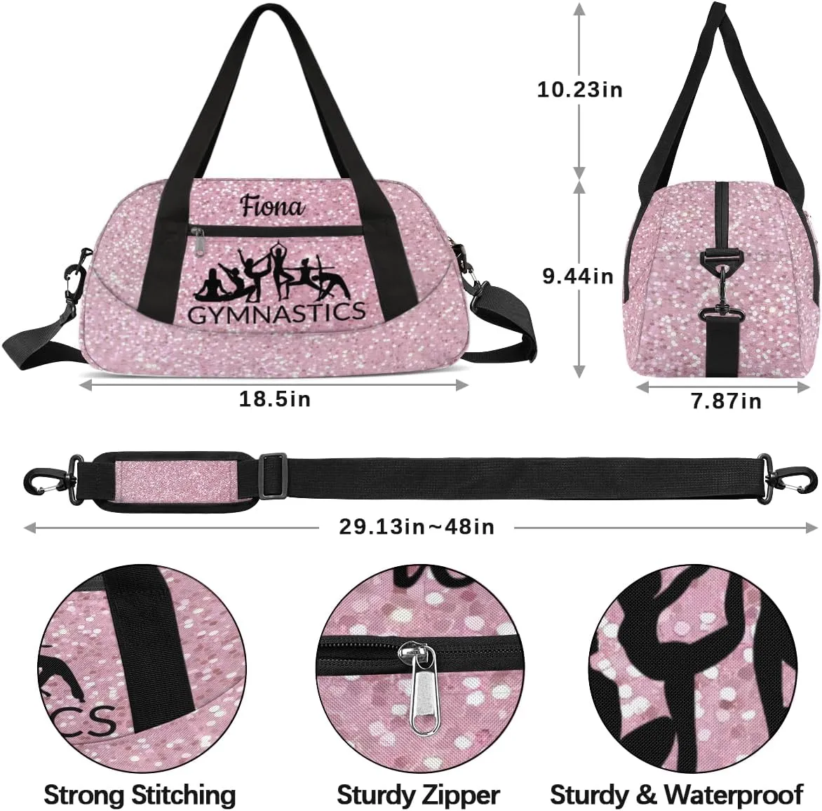 Custom Kids Sports Duffel Bag Light Pink Glitter Sparkling Gymnastics Personalized Dance Gym Bag for Boys Girls Lightweight Weekender Travel Duffle Cheer Bag