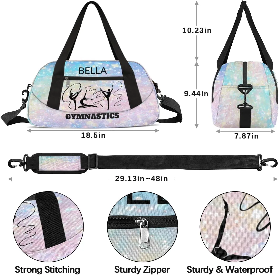 Custom Kids Sports Duffel Bag Pastel Colored Glitter Gymnastics Personalized Dance Gym Bag for Boys Girls Lightweight Weekender Travel Duffle Cheer Bag