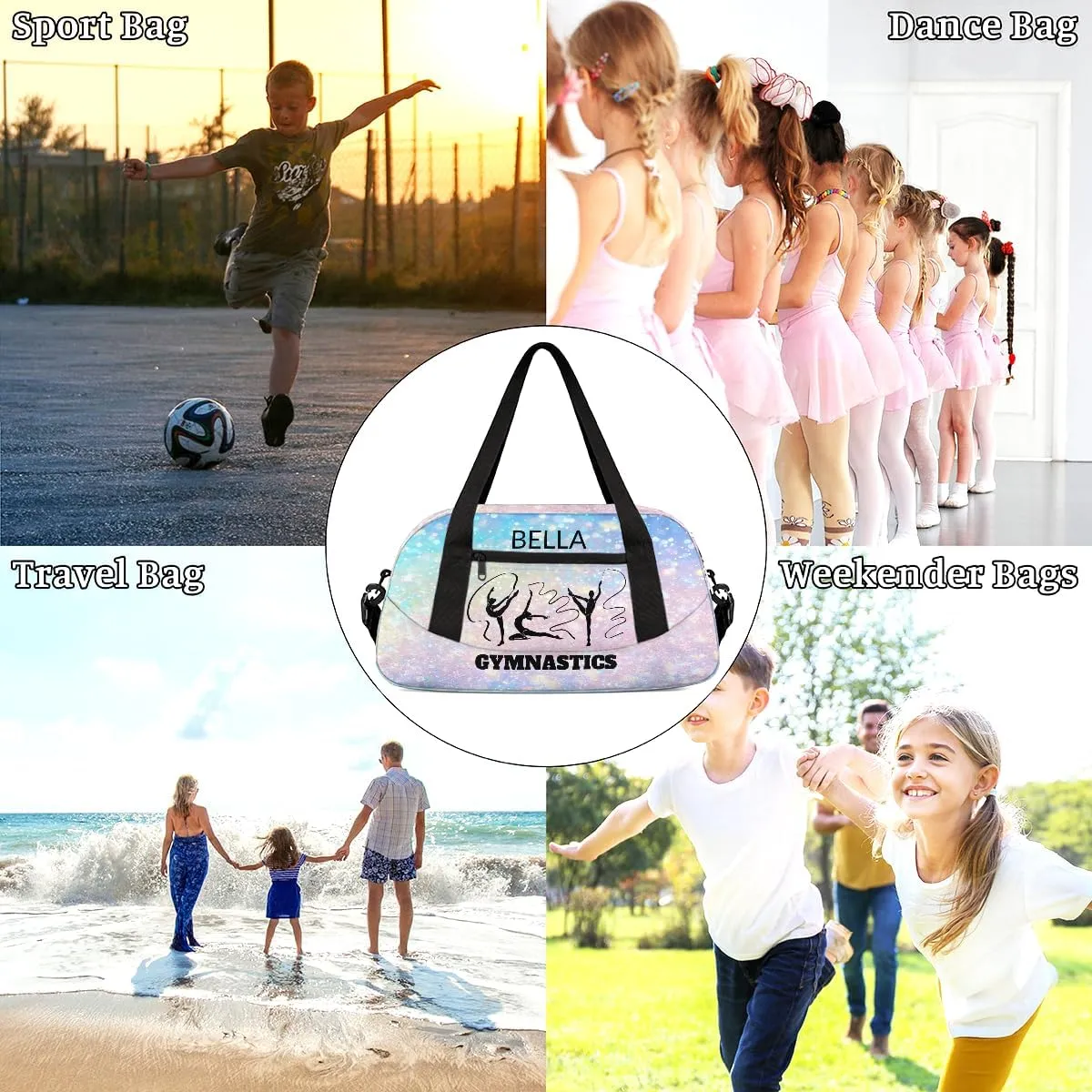 Custom Kids Sports Duffel Bag Pastel Colored Glitter Gymnastics Personalized Dance Gym Bag for Boys Girls Lightweight Weekender Travel Duffle Cheer Bag