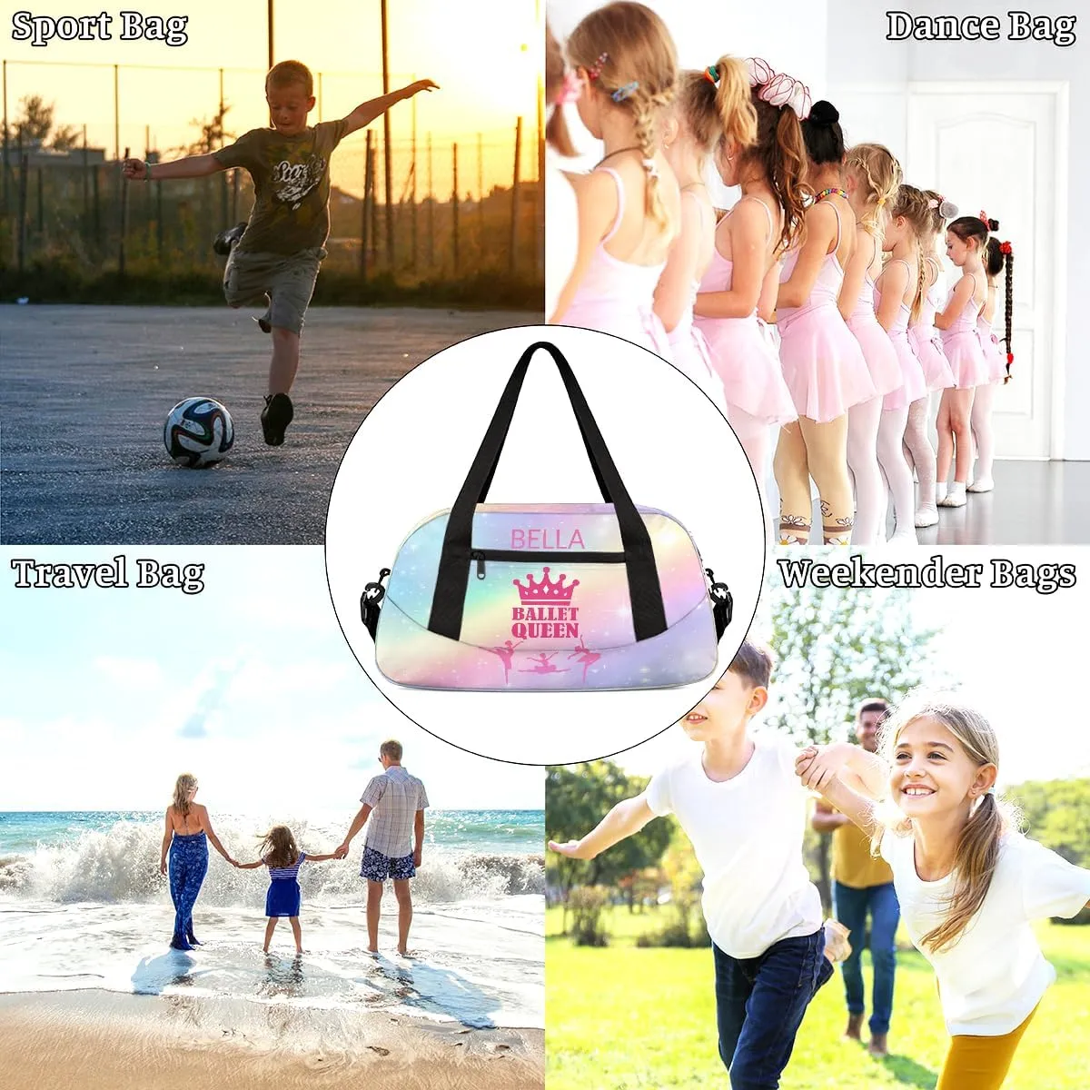Custom Kids Sports Duffel Bag Pastel Colored Rainbow Ballet Dancer Personalized Dance Gym Bag for Boys Girls Lightweight Weekender Travel Duffle Cheer Bag