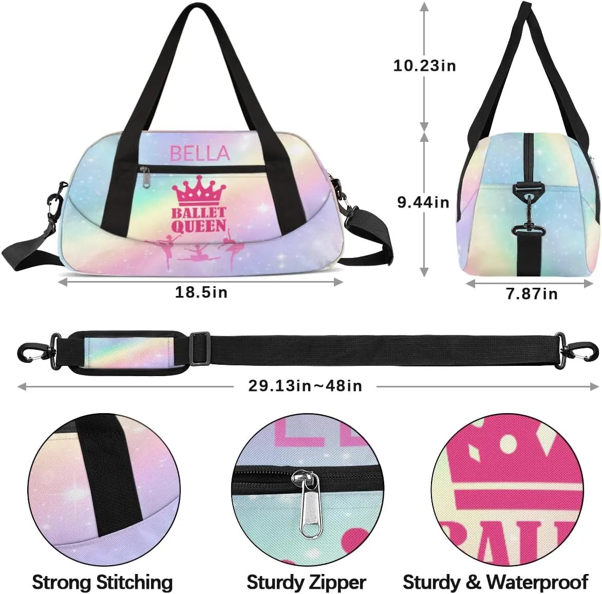 Custom Kids Sports Duffel Bag Pastel Colored Rainbow Ballet Dancer Personalized Dance Gym Bag for Boys Girls Lightweight Weekender Travel Duffle Cheer Bag
