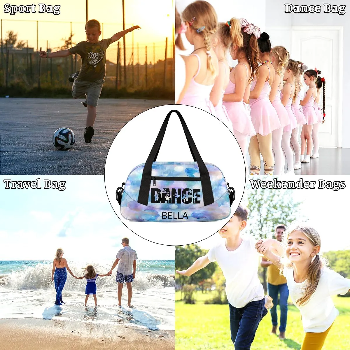 Custom Kids Sports Duffel Bag Purple Blue Bokeh Sparkling Flower Dance Personalized Dance Gym Bag for Boys Girls Lightweight Weekender Travel Duffle Cheer Bag
