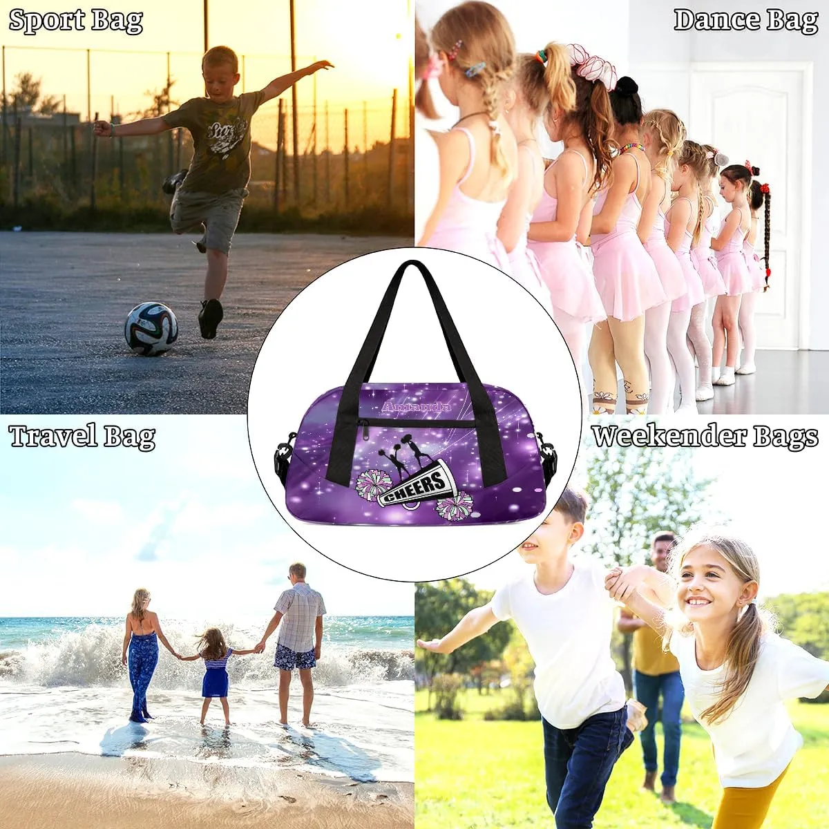 Custom Kids Sports Duffel Bag Purple Shinning Polka Dots Cheer Personalized Dance Gym Bag for Boys Girls Lightweight Weekender Travel Duffle Cheer Bag